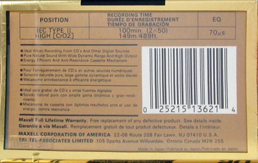 Compact Cassette Maxell XLII 100 Type II Chrome 1992 North America