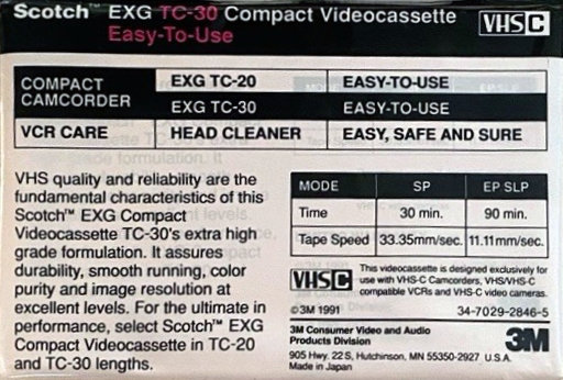 VHS-C (VHS Compact) Scotch 30 "TC EXG" Type I Normal 1991 USA