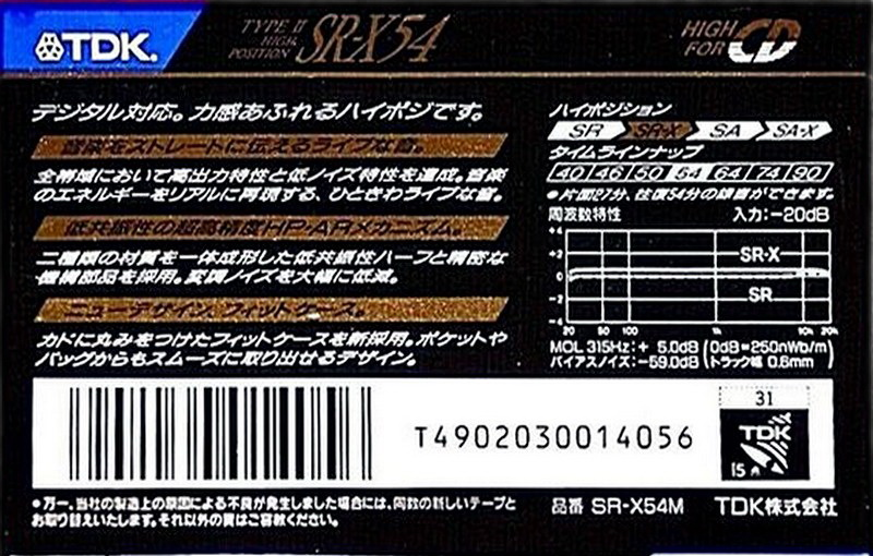 Compact Cassette TDK SR-X 54 "SR-X54M" Type II Chrome 1990 Japan