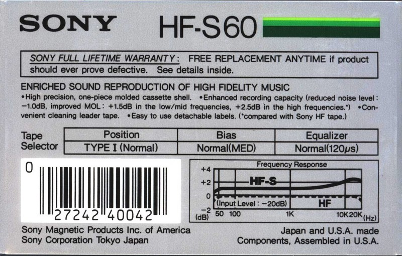 Compact Cassette Sony HF-S 60 Type I Normal 1985 USA