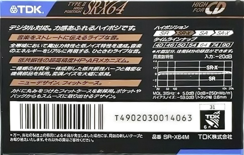 Compact Cassette TDK SR-X 64 "SR-X64M" Type II Chrome 1990 Japan