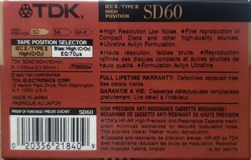 Compact Cassette TDK SD 60 Type II Chrome 1990 North America