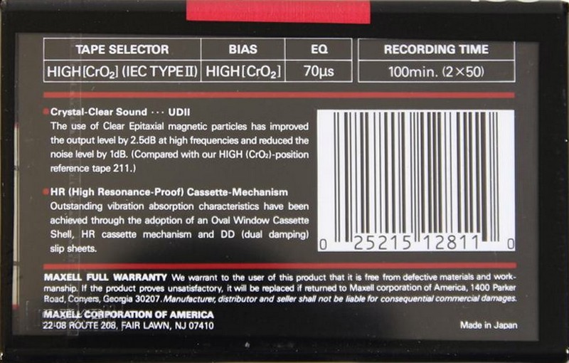 Compact Cassette Maxell UDII / UD2 100 Type II Chrome 1992 USA