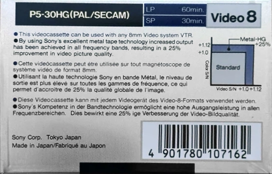 Video8, Hi8, Digital8 Sony HG 30 "P5-30HG" Type IV Metal 1989 Europe