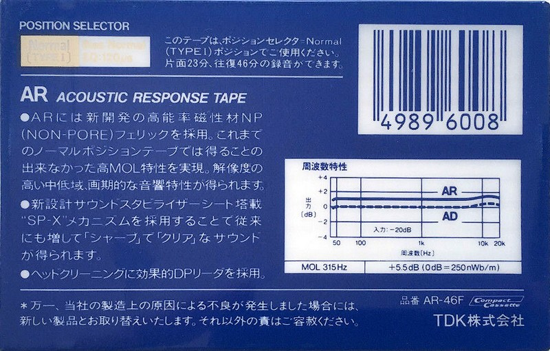 Compact Cassette TDK AR 46 "AR-46F" Type I Normal 1985 Japan