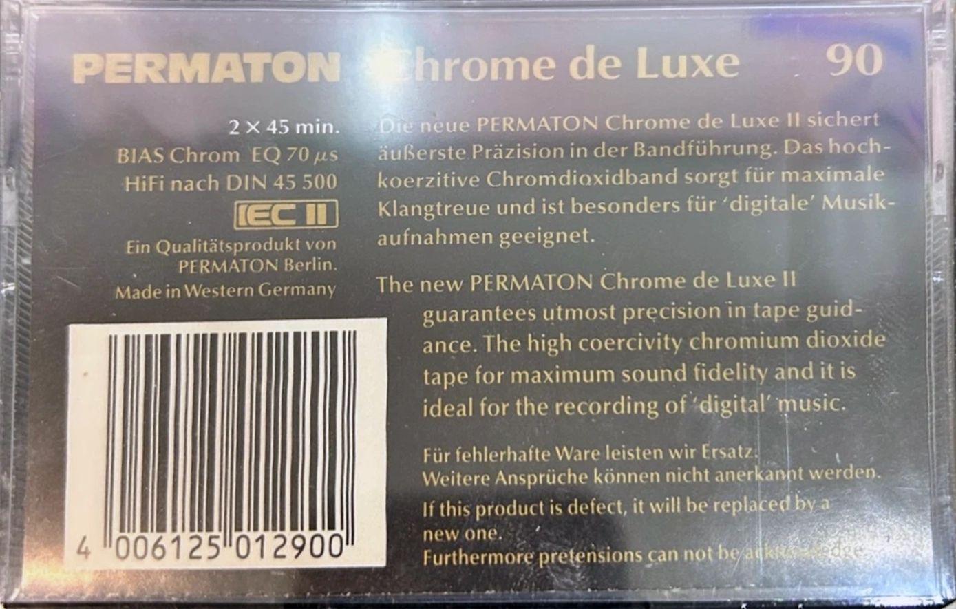 Compact Cassette Permaton 90 "Chrome de Luxe" Type II Chrome 1990 Europe