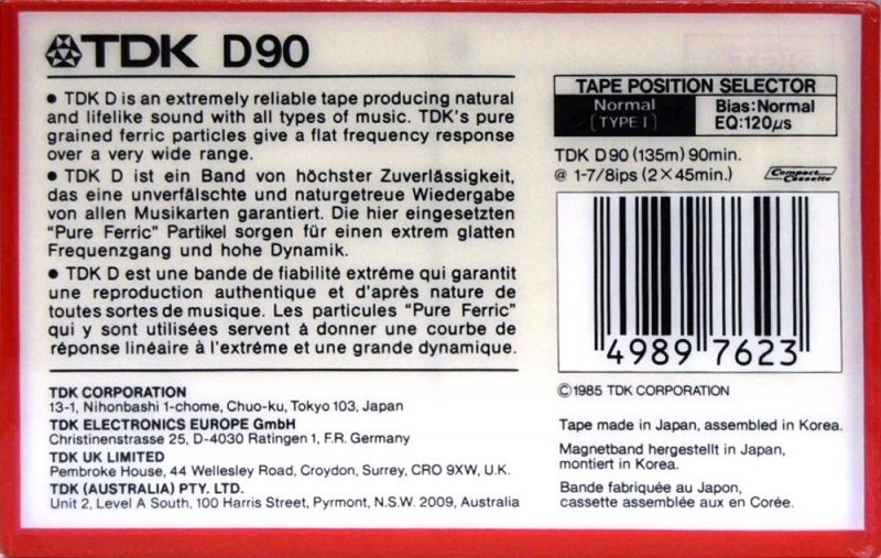 Compact Cassette TDK D 90 Type I Normal 1985 Australia, Europe