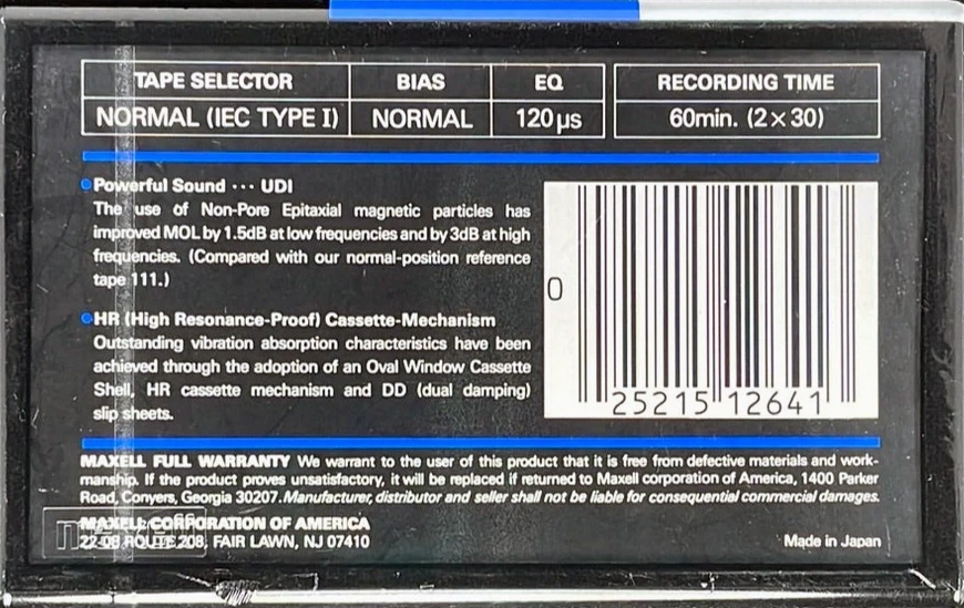 Compact Cassette Maxell UDI / UD1 60 Type I Normal 1988 USA