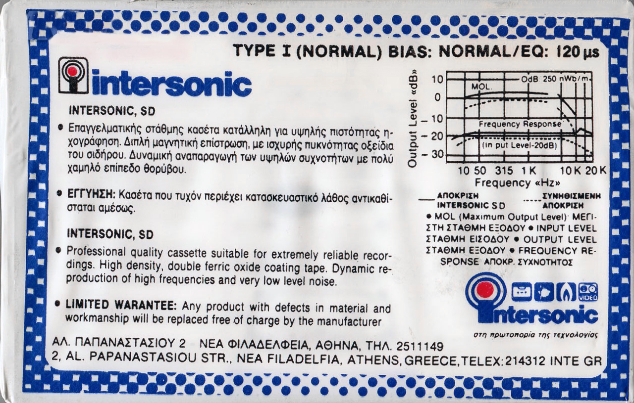 Compact Cassette Intersonic SD 46 Type I Normal 1983 Greece
