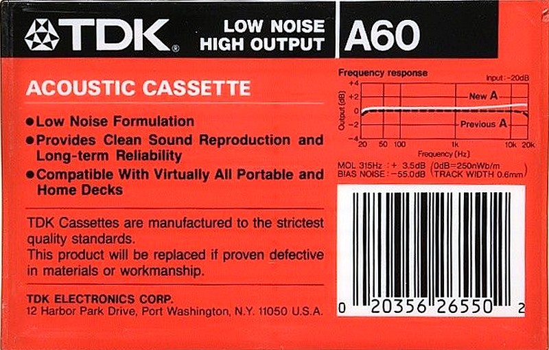 Compact Cassette TDK A 60 Type I Normal 1989 USA