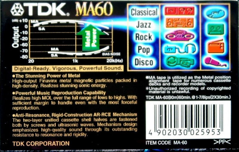 Compact Cassette TDK MA 60 "MA-90" Type IV Metal 1997 Worldwide