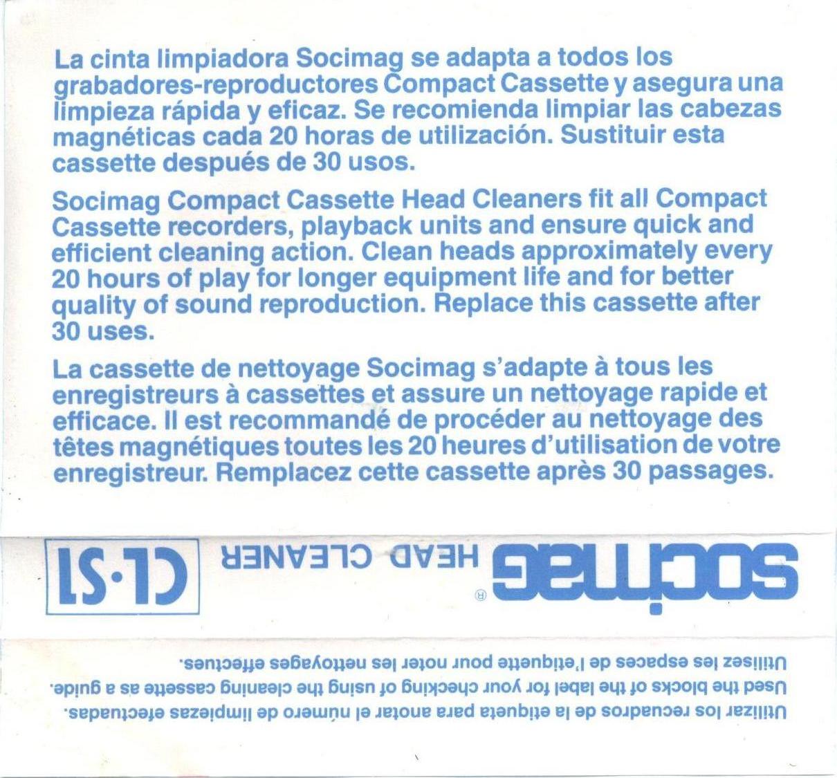 Compact Cassette Socimag "CL-S1" Cleaning Cassette Europe