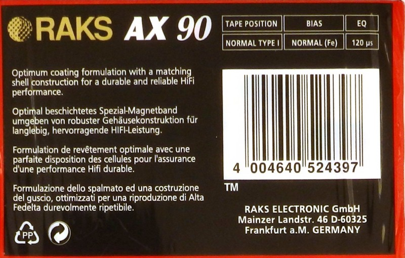 Compact Cassette RAKS AX 90 Type I Normal 1996 Europe