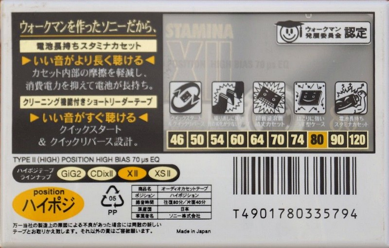 Compact Cassette Sony XII 80 "C-80X2C" Type II Chrome 1996 Japan