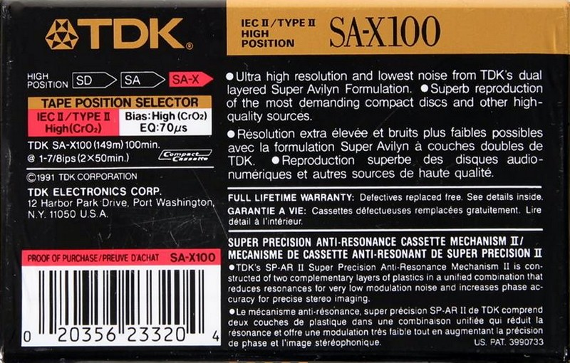 Compact Cassette TDK SA-X 100 Type II Chrome 1991 North America