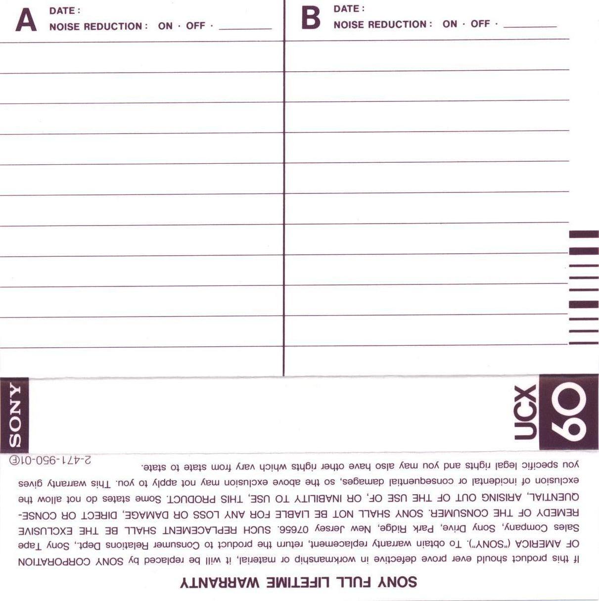 Compact Cassette Sony UCX 60 Type II Chrome 1982 USA