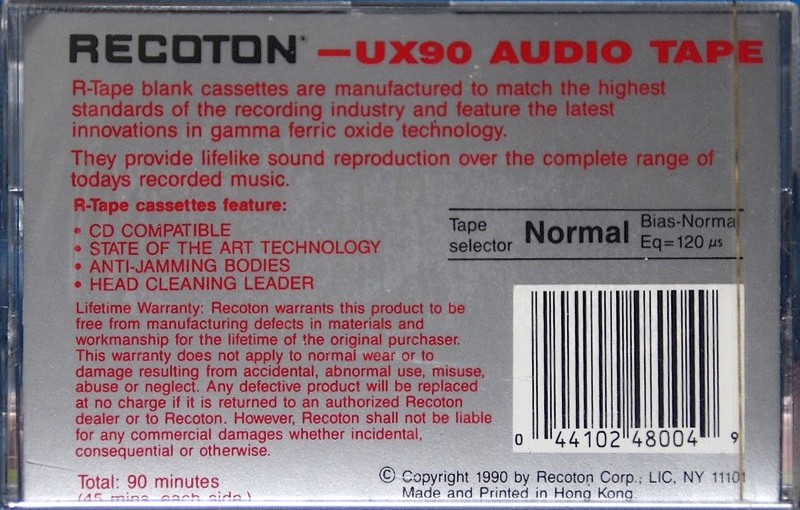 Compact Cassette Recoton UX 90 "R-Tape" Type I Normal 1990 USA