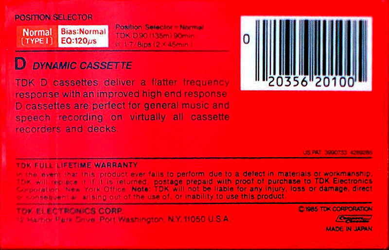 Compact Cassette TDK D 90 Type I Normal 1985 USA