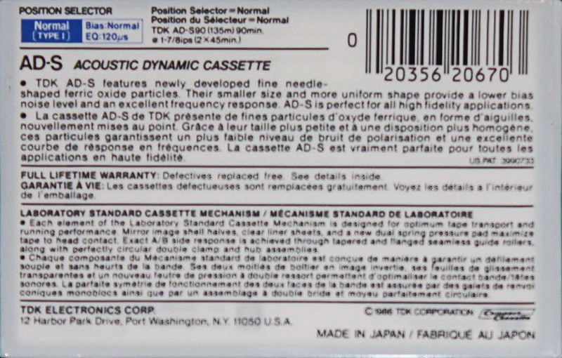 Compact Cassette TDK AD-S 90 Type I Normal 1986 North America