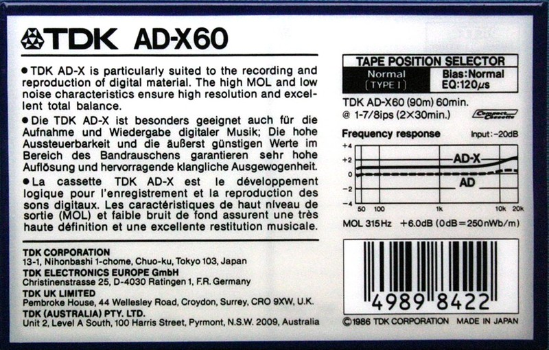 Compact Cassette TDK AD-X 60 Type I Normal 1986 Australia, Europe