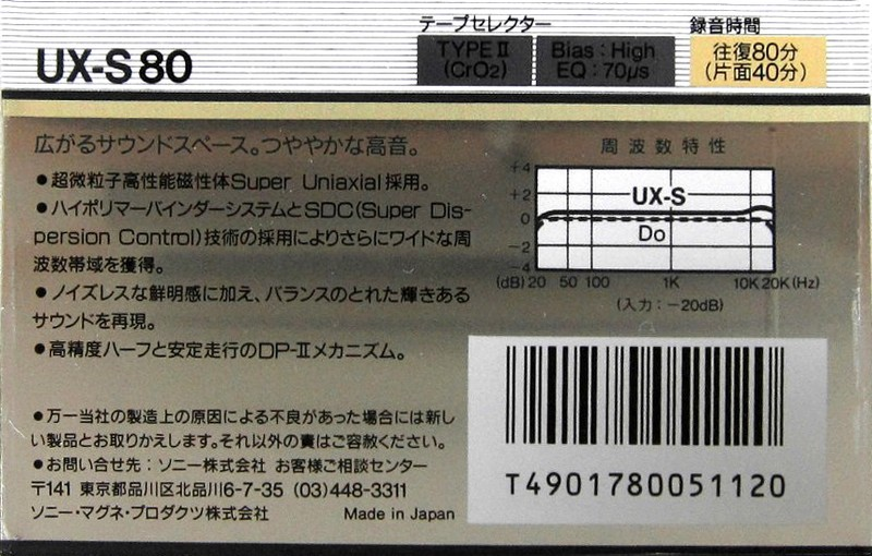 Compact Cassette Sony UX-S 80 Type II Chrome 1986 Japan