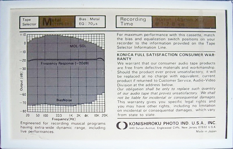Compact Cassette Konica Metal 90 Type IV Metal 1985 USA