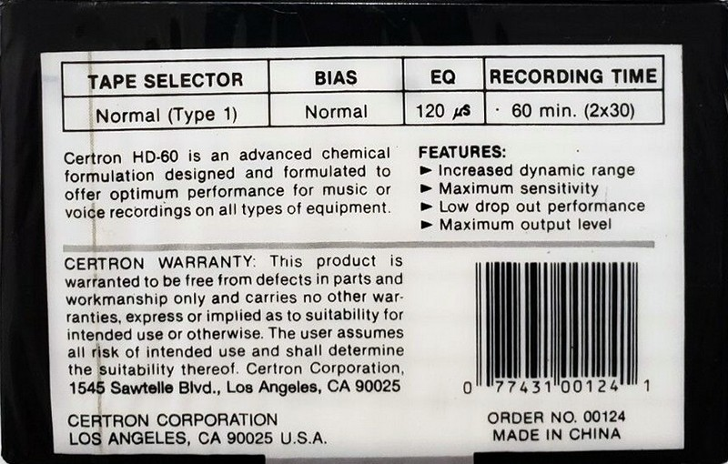 Compact Cassette Certron 60 "HD" Type I Normal China