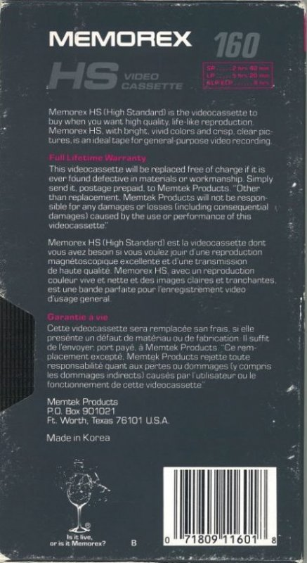 VHS, Video Home System Memorex HS 160 Type I Normal North America