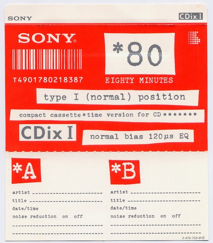 Compact Cassette Sony CDix I 80 "C-80CDX1a" Type I Normal 1992 Japan