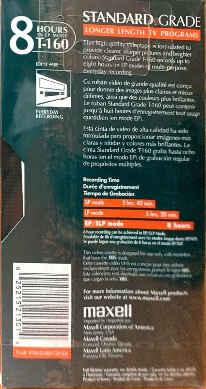 VHS, Video Home System Maxell Standard Grade 160 Type I Normal North America