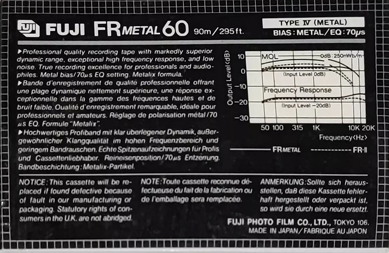 Compact Cassette Fuji FR Metal 60 Type IV Metal 1982 North America