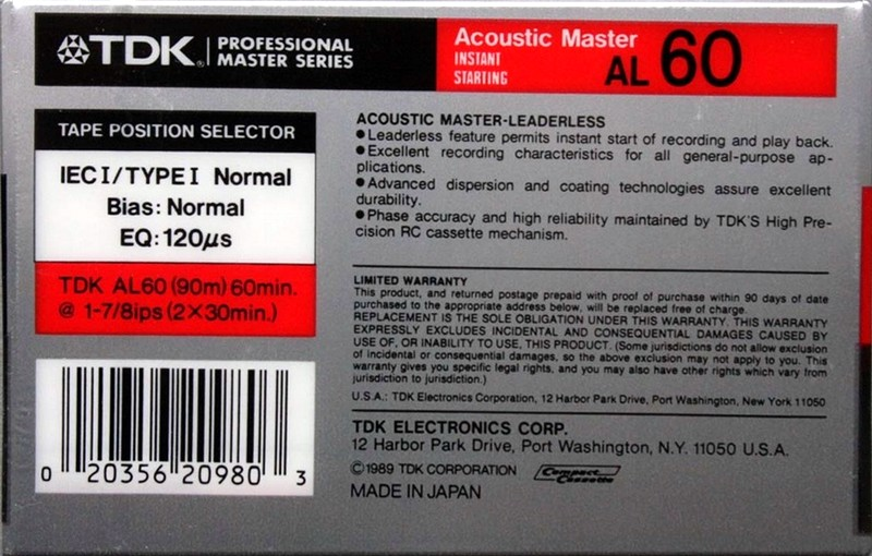 Compact Cassette TDK AL 60 "Acoustic Master" Type I Normal 1989 USA