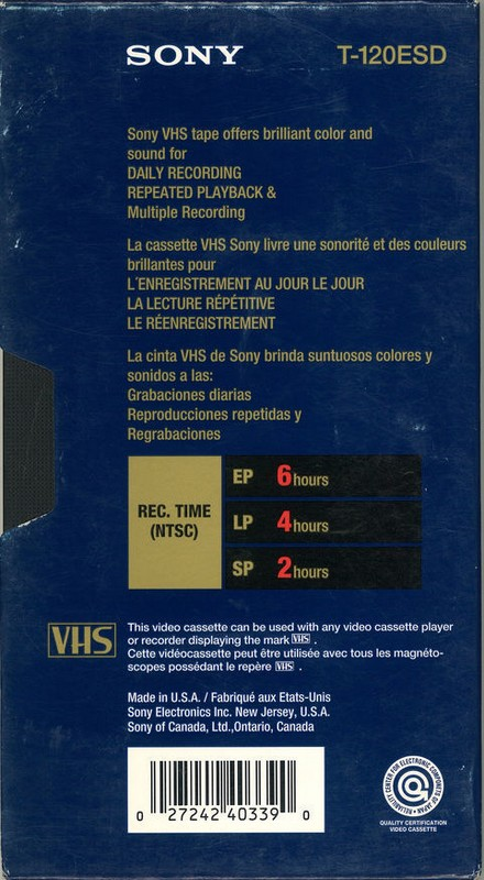 VHS, Video Home System Sony 120 "T-120ESD" Type I Normal 1993 North America
