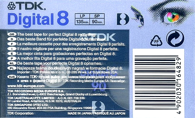 Video8, Hi8, Digital8 TDK 90 Type I Normal 2004 Worldwide