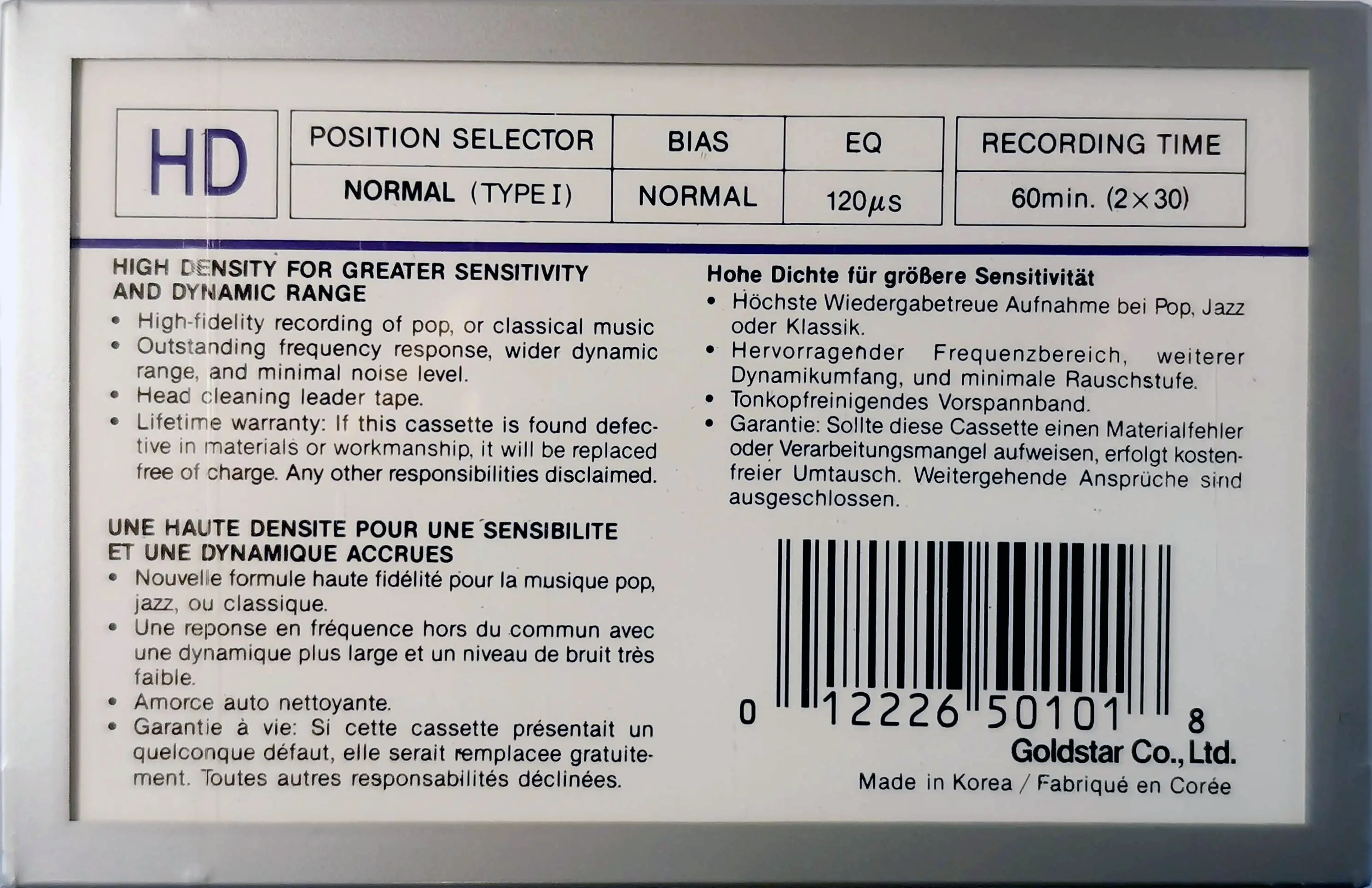 Compact Cassette Goldstar HD 60 Type I Normal 1987 North America