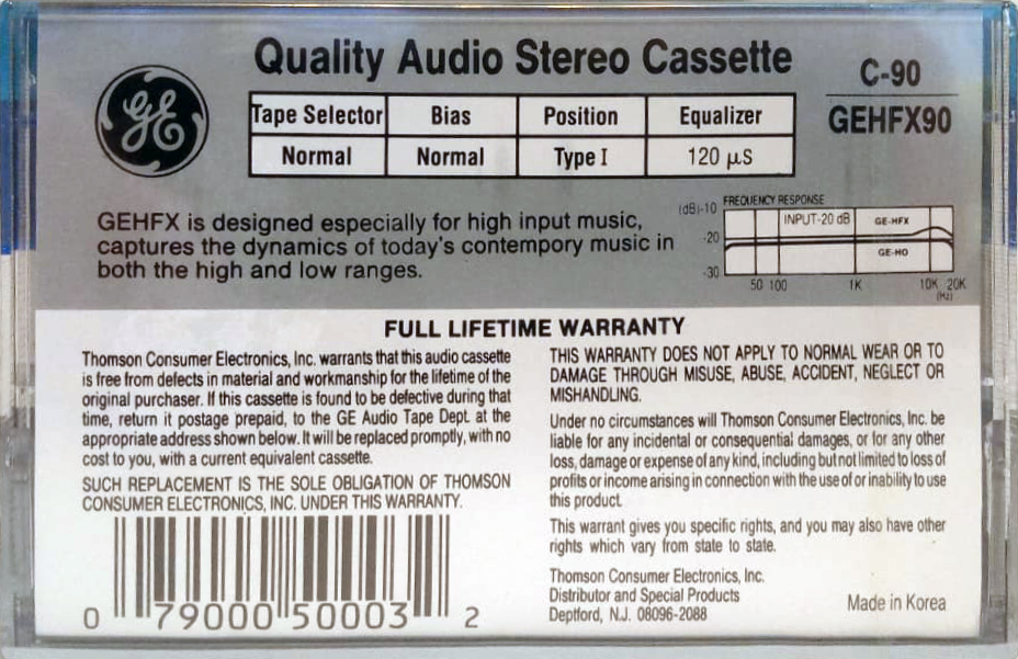Compact Cassette GE / General Electric GE-HFX 90 Type I Normal 1988 USA