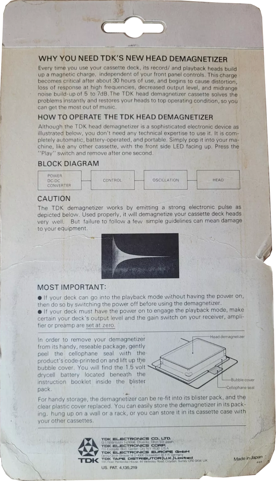 Blister TDK "HD-01" Head Demagnetiser 1978 Worldwide
