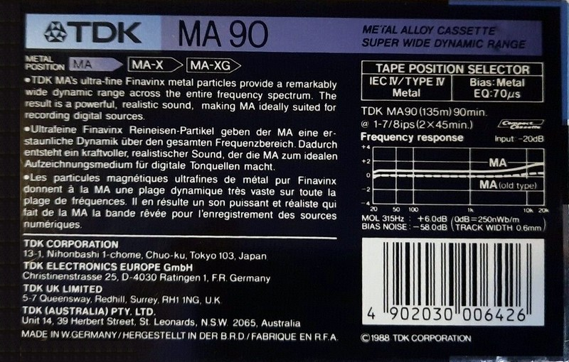 Compact Cassette TDK MA 90 Type IV Metal 1988 Australia, Europe