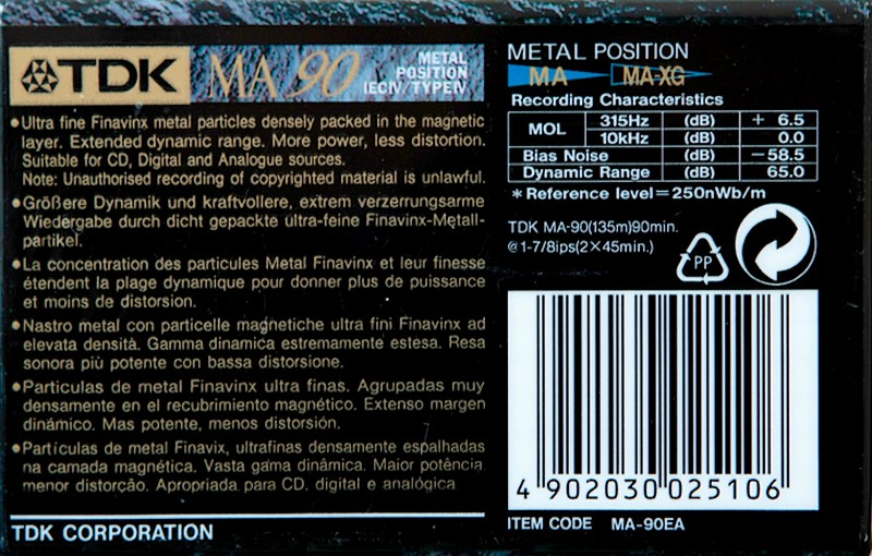 Compact Cassette TDK MA 90 "MA-90EA" Type IV Metal 1994 Europe
