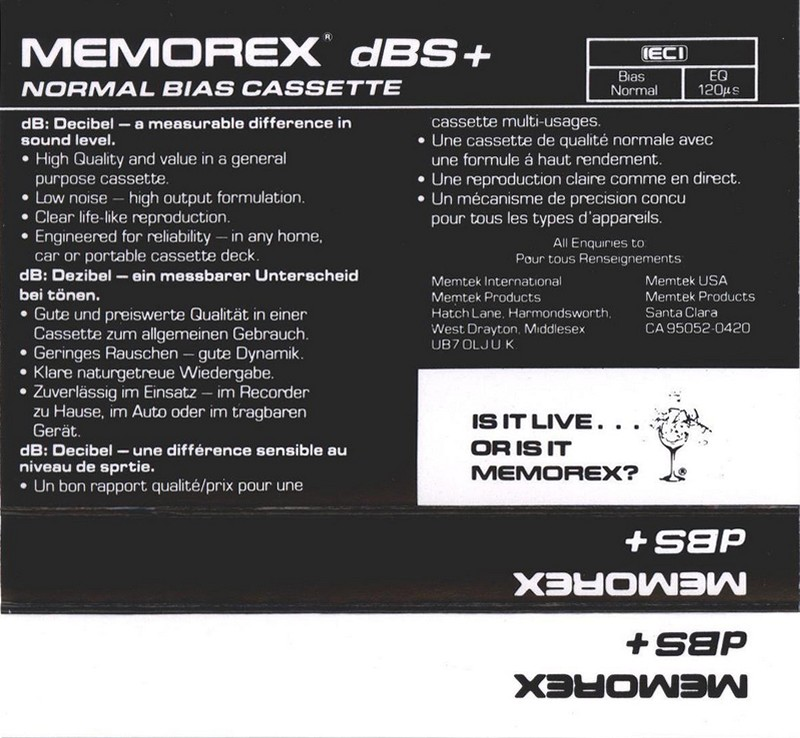 Compact Cassette Memorex dBS+ 100 Type I Normal 1989 Europe