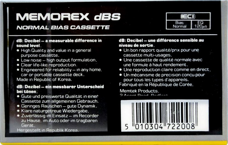 Compact Cassette Memorex dBS 90 Type I Normal 1987 Europe