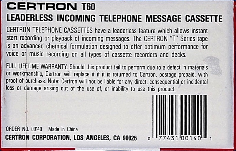 Compact Cassette Certron Telephone 60 Type I Normal China