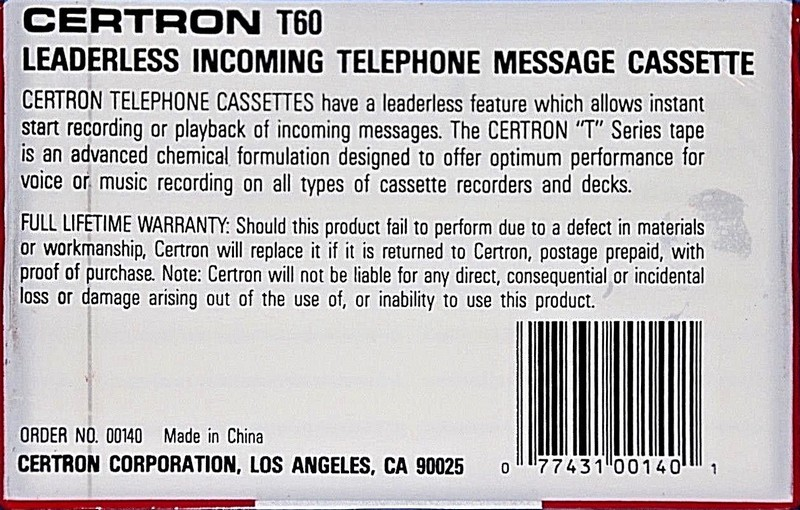 Compact Cassette:  Certron - Telephone 60