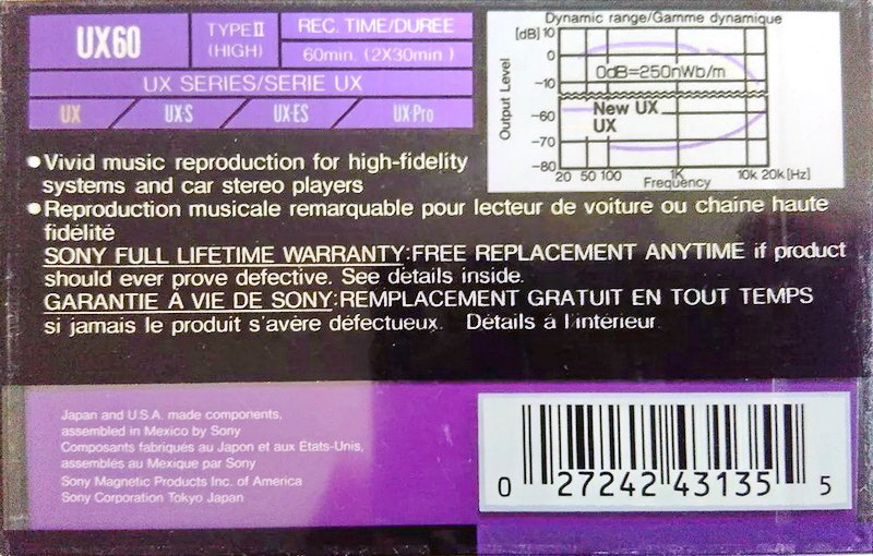 Compact Cassette Sony UX 60 Type II Chrome 1990 North America