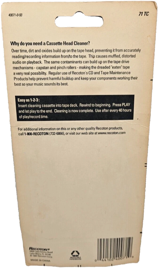 Blister Recoton "71TC" Cleaning Cassette 1997 USA