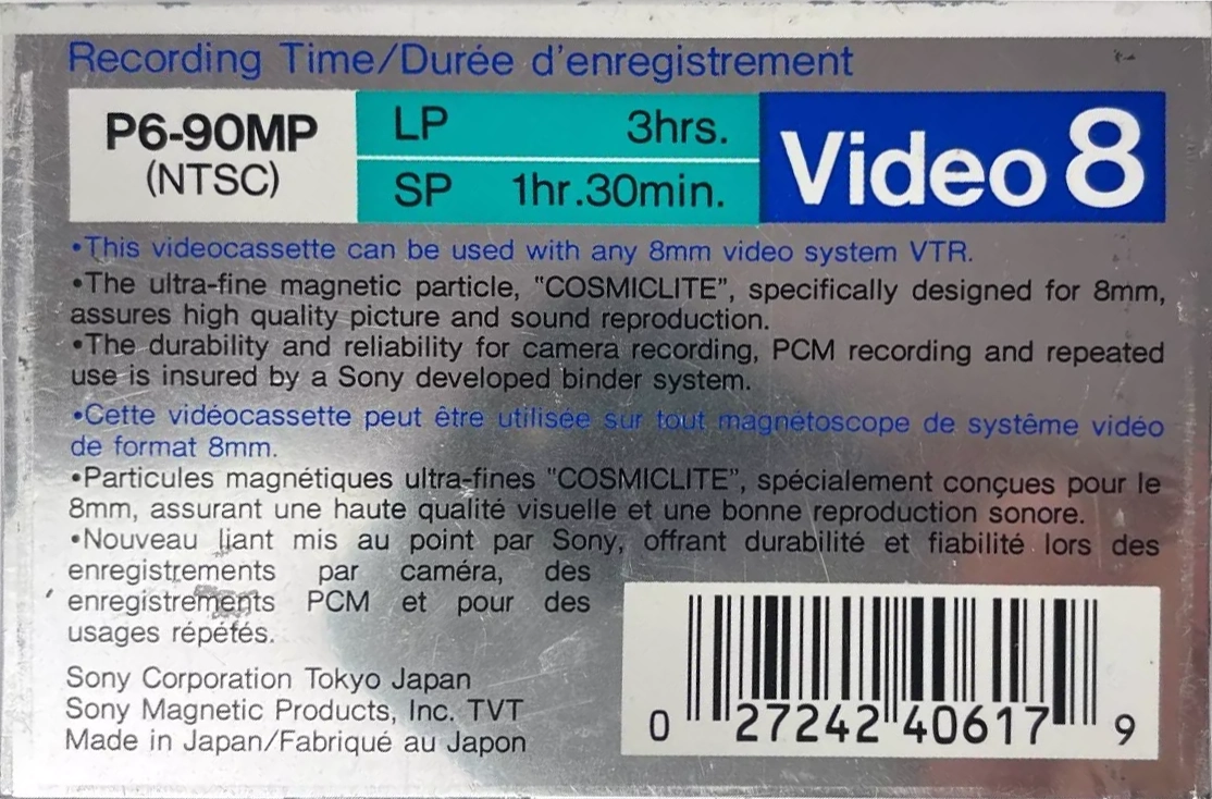 Video8, Hi8, Digital8 Sony MP 90 "video 8 P6-90MP" Type IV Metal North America