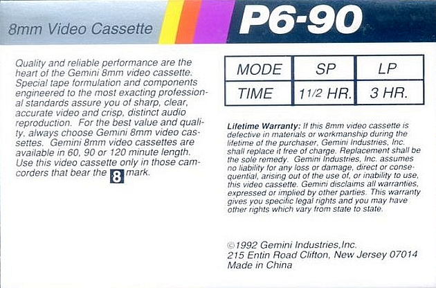 Video8, Hi8, Digital8 Gemini 60 Type IV Metal 1992 USA