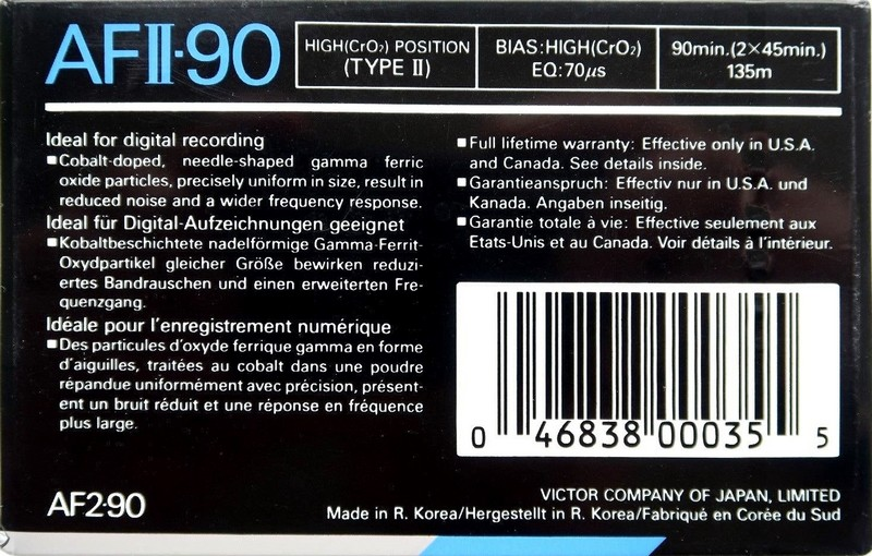 Compact Cassette JVC AFII 90 Type II Chrome 1990 North America