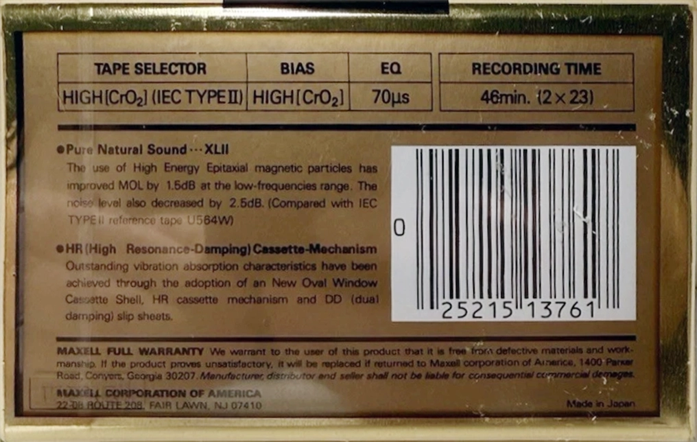 Compact Cassette Maxell XLII 46 Type II Chrome 1989 USA