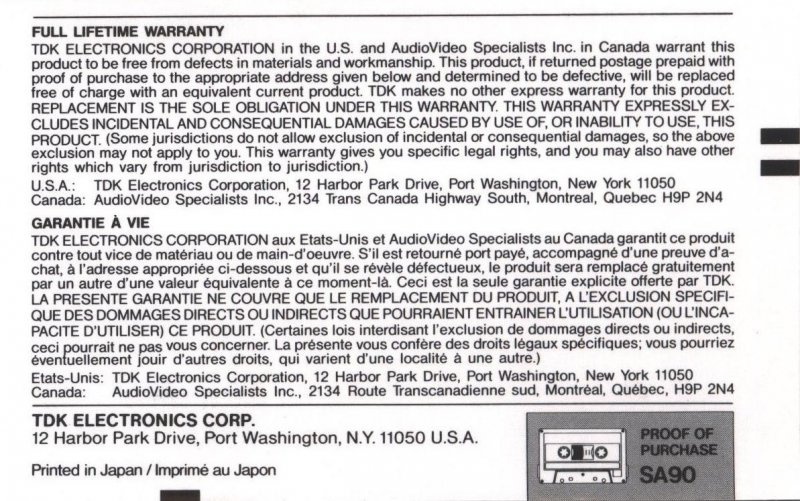 Compact Cassette TDK SA 90 Type II Chrome 1987 North America